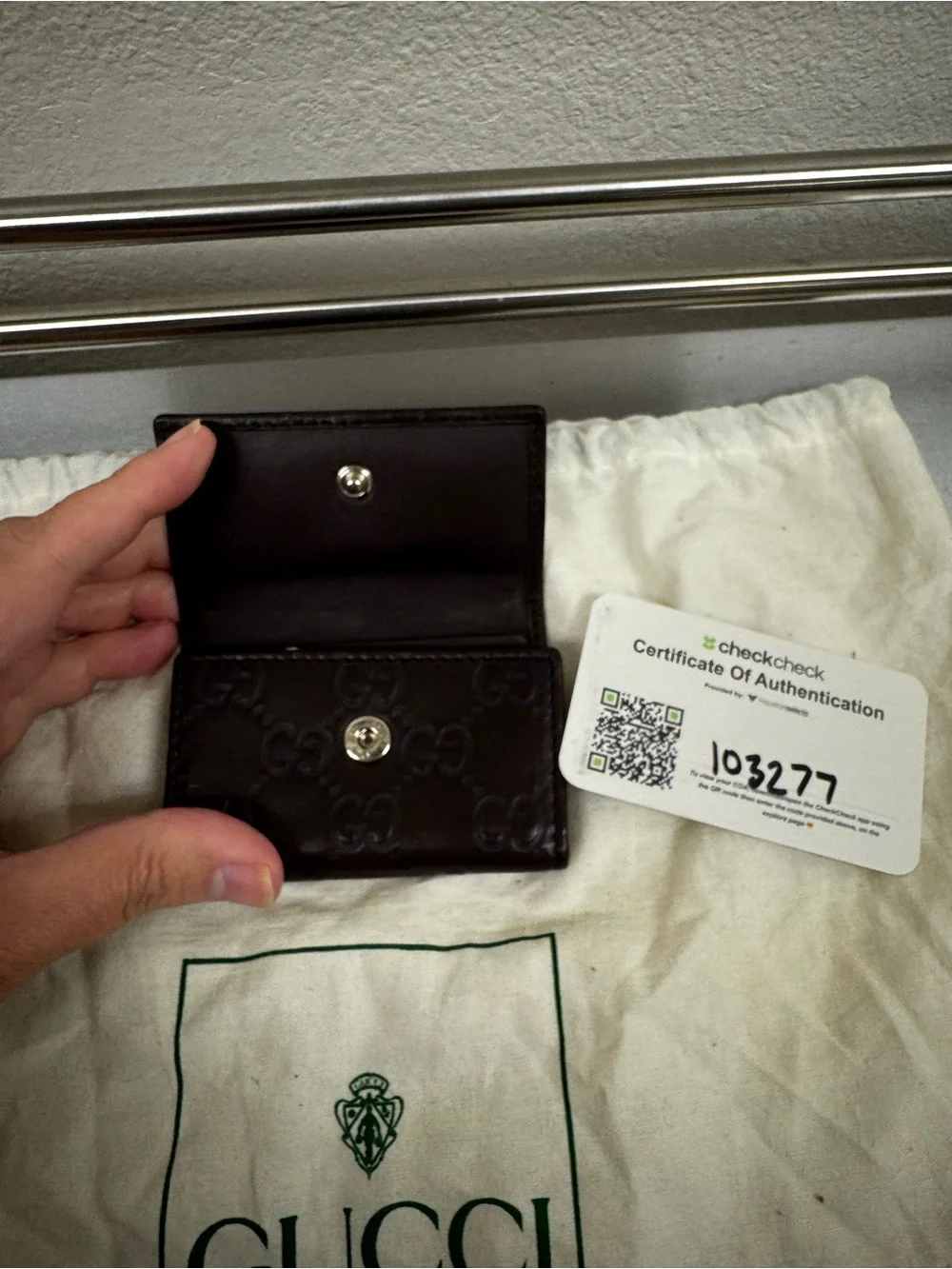 Gucci Brown Leather Key Case with Silver GG Logo with Certificate